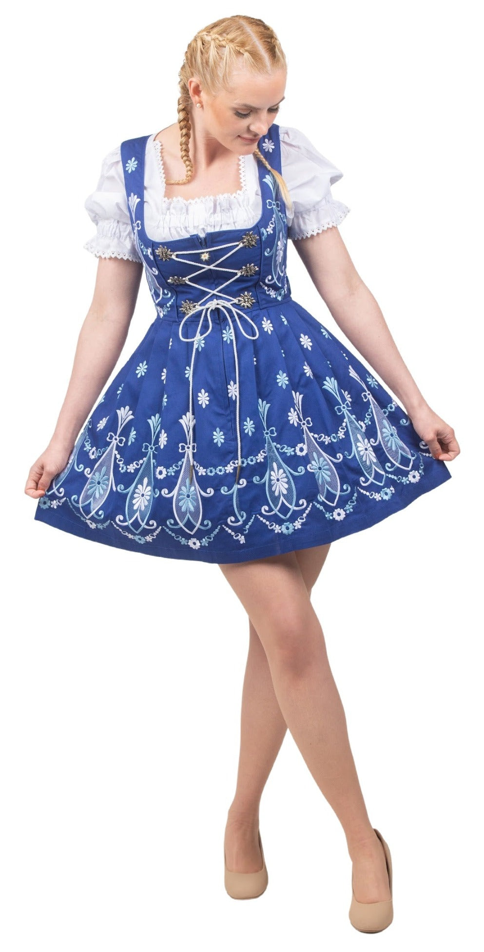 Regal Blue Dirndl Set: Classic Short Oktoberfest Dress Complete with Apron and Trachten Top Blouse 16