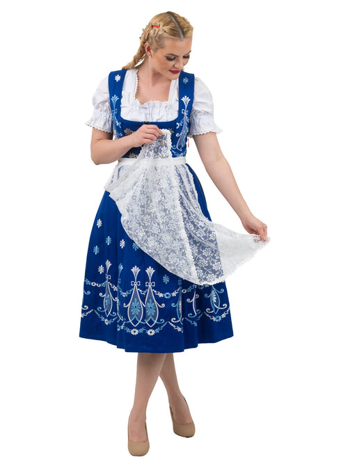 Regal Blue Long Dirndl Set: Women’s Oktoberfest Dress, Complete with Trachten Crop Top Blouse and Lace Apron