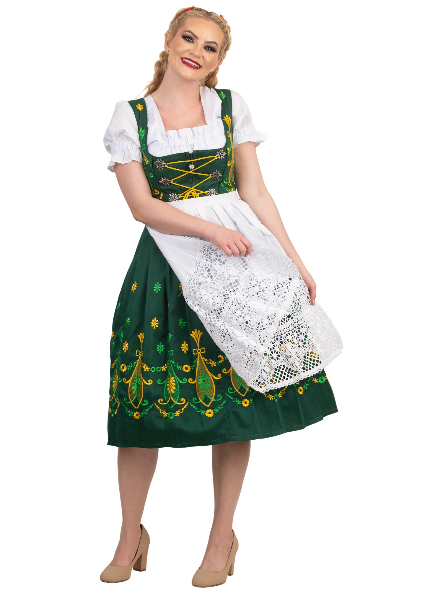 Bavarian Blossoms: Traditional Long Oktoberfest German Dirndl Dress Set, Green with Yellow and Green Embroidery 24 Bavarian Blossoms: Traditional Long Oktoberfest German Dirndl Dress Set, Green with Yellow and Green Embroidery 24