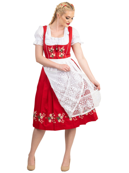 Traditional Red Oktoberfest Dress: 3 Piece Long Dirndl Set