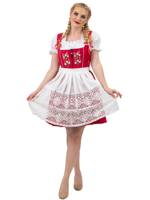 Traditional Red Oktoberfest Dress: 3 Piece Short German Dirndl Dress Set