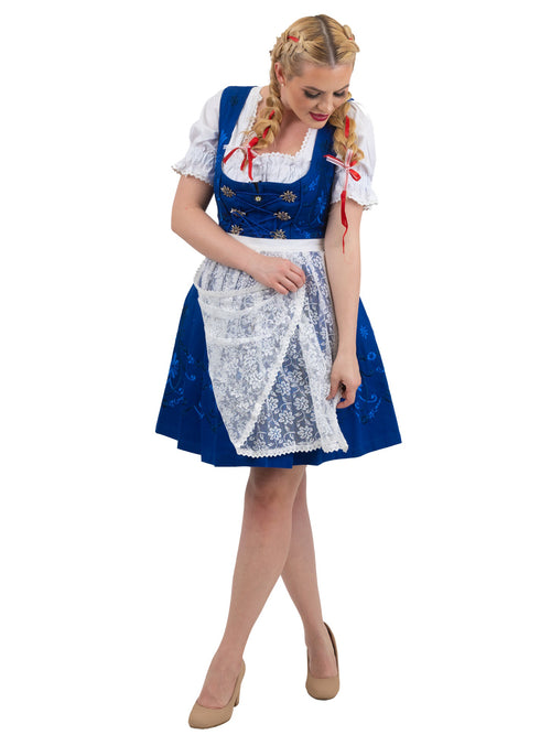 Blue Bavarian Bliss: Short Blue German Dirndl Dress Set with Crop Top & Lace Apron