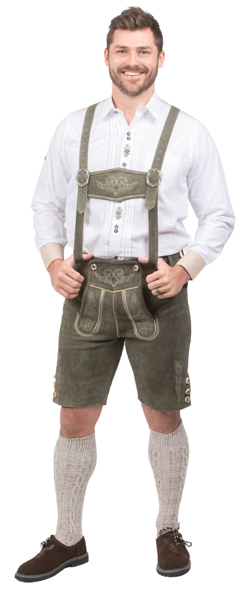 Man wearing men's green leather lederhosen shorts for Oktoberfest Bavarian festival
