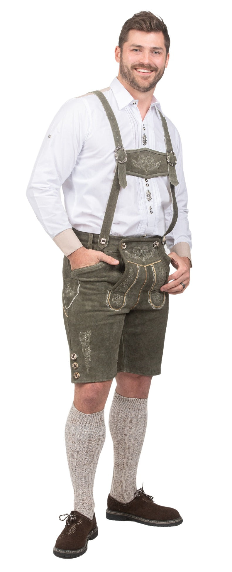 Man wearing men's green leather lederhosen shorts for Oktoberfest Bavarian festival