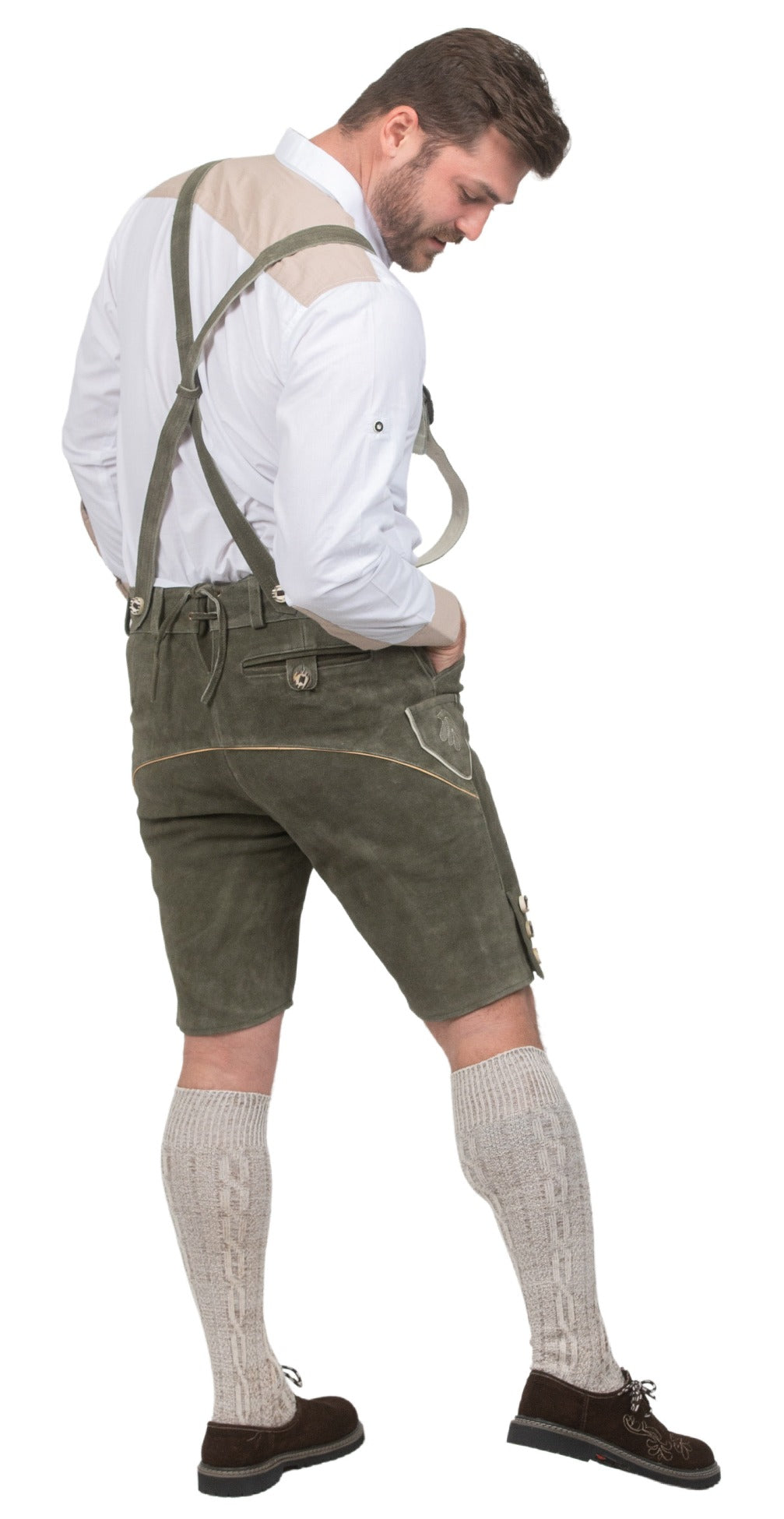 Man wearing men's green leather lederhosen shorts for Oktoberfest Bavarian festival
