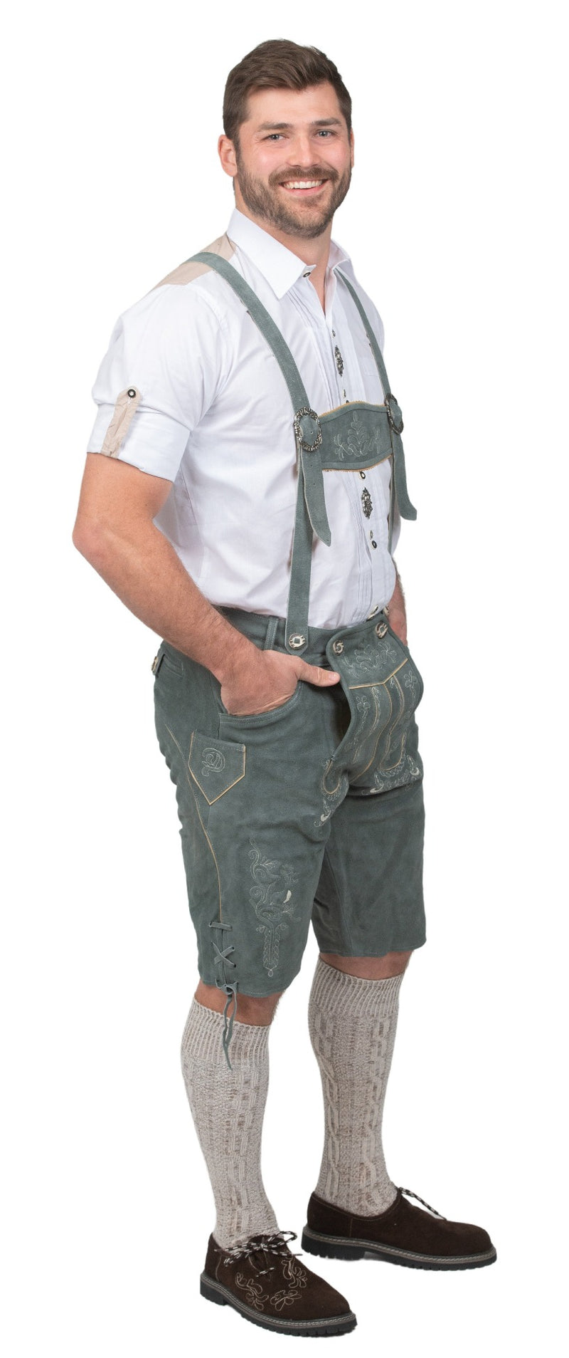 Man wearing men's gray leather lederhosen shorts for Oktoberfest Bavarian festival