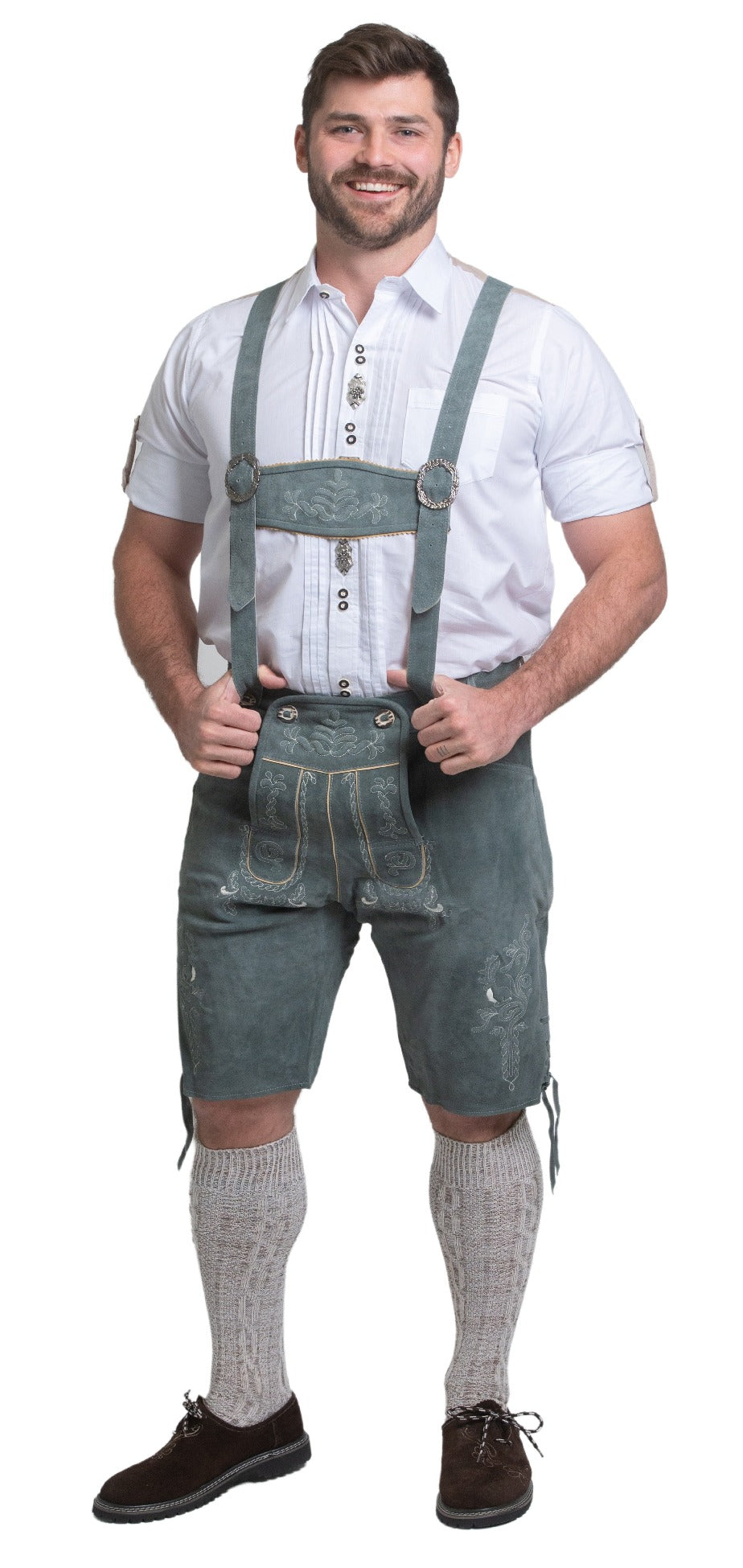 Man wearing men's gray leather lederhosen shorts for Oktoberfest Bavarian festival