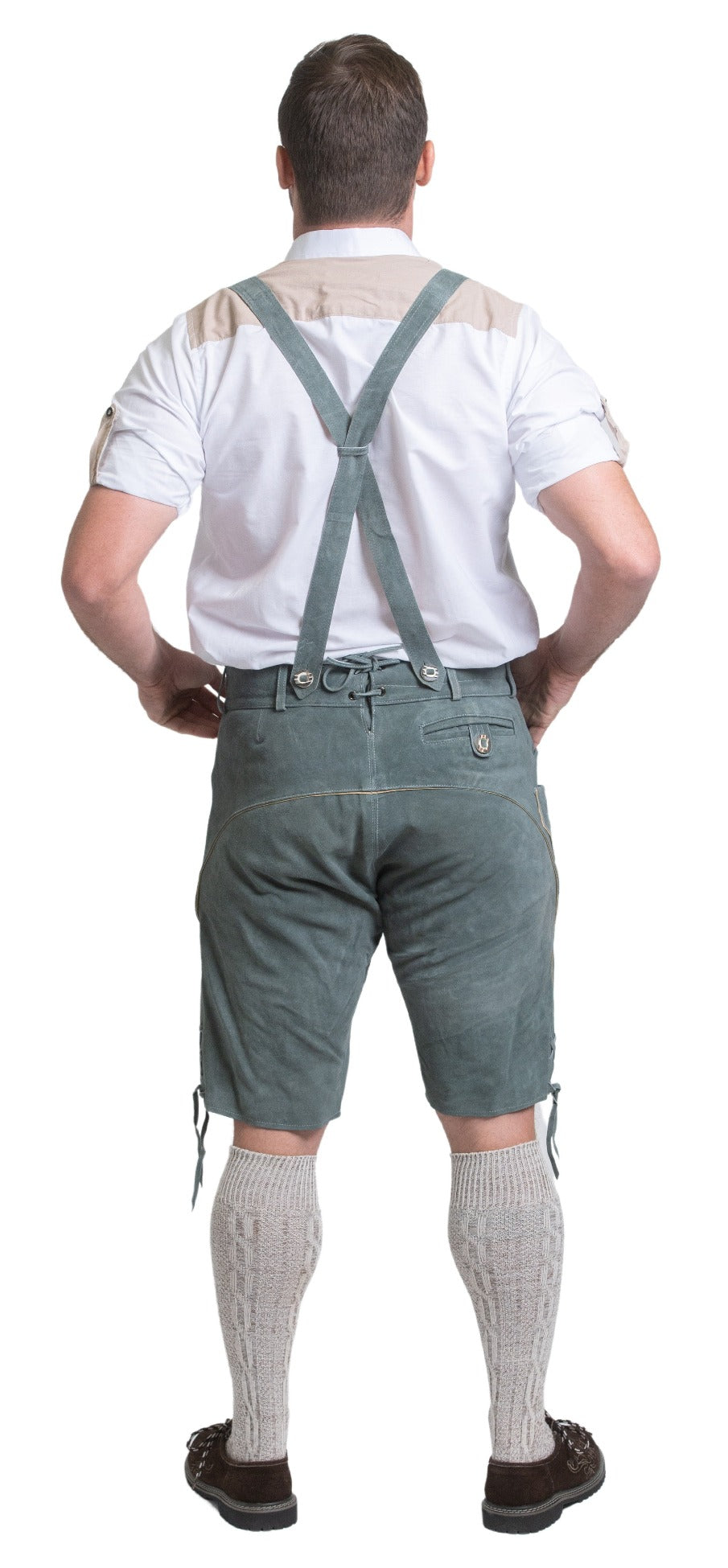 Man wearing men's gray leather lederhosen shorts for Oktoberfest Bavarian festival