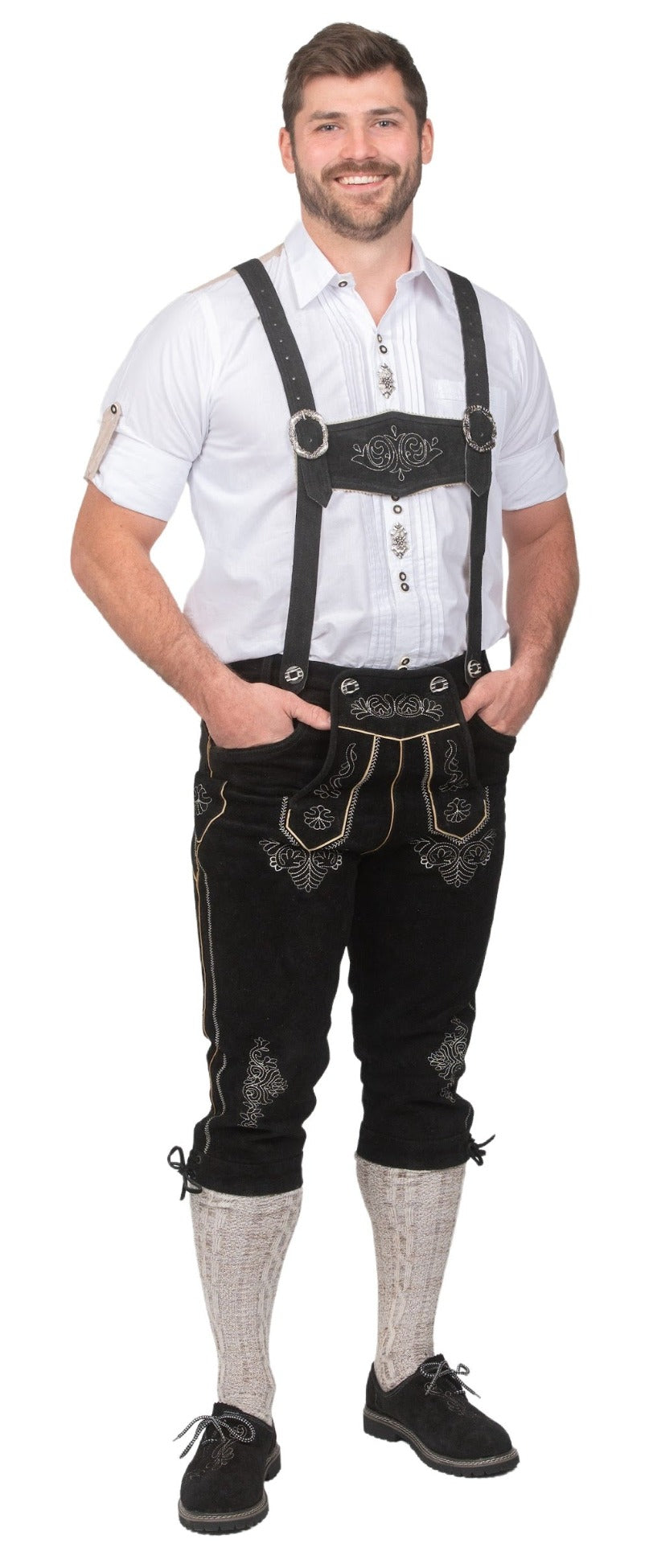 Man wearing men's black leather lederhosen pants for Oktoberfest Bavarian festival
