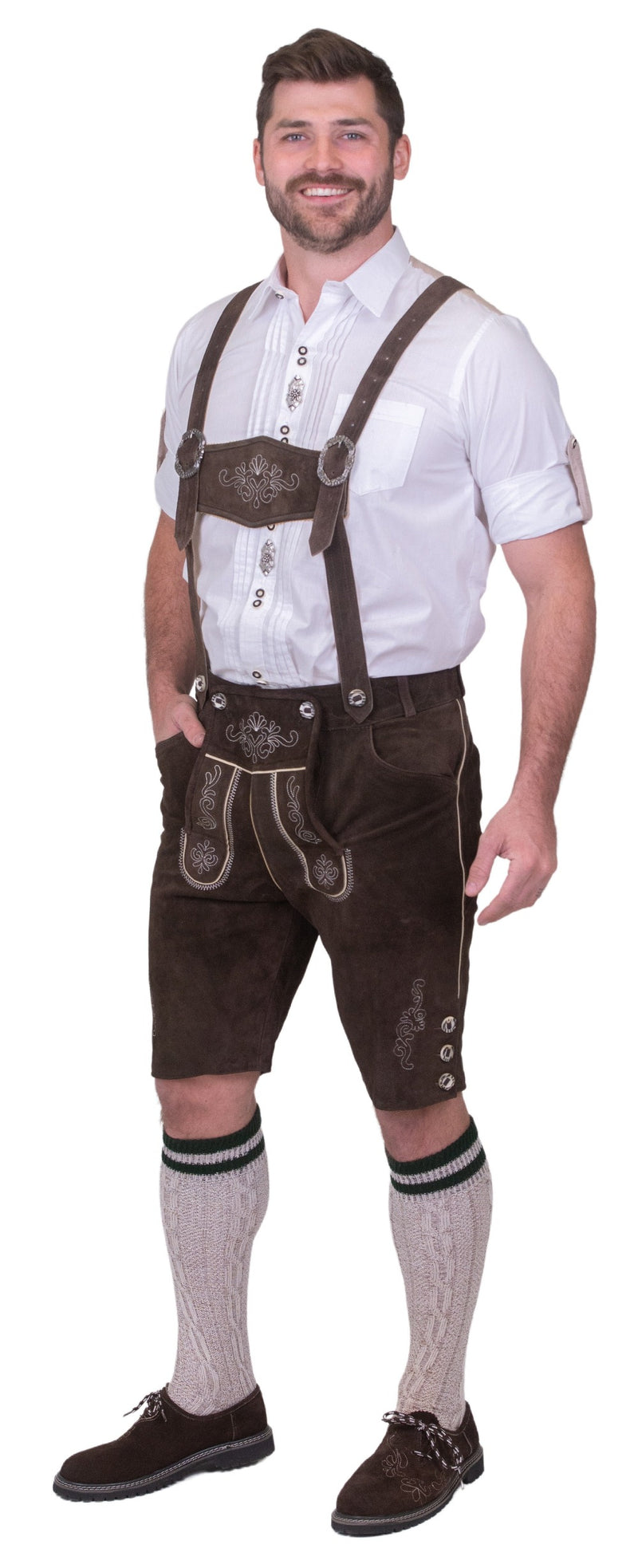 Man wearing men's brown leather lederhosen shorts for Oktoberfest Bavarian festival
