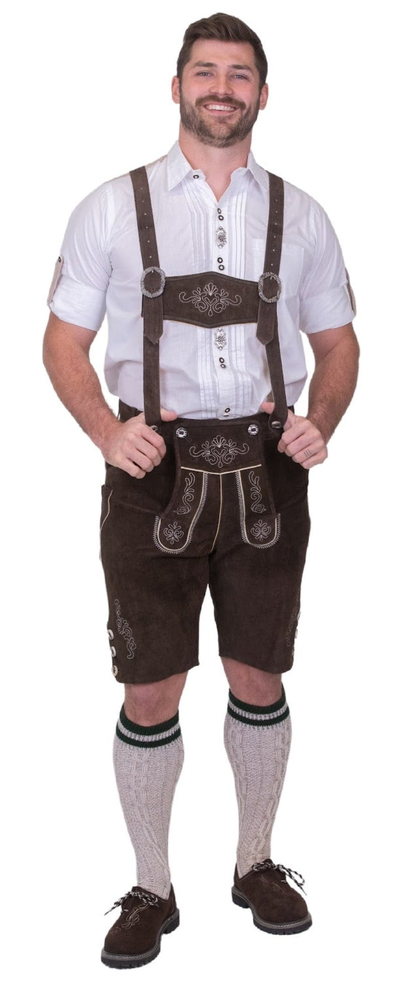 Man wearing men's brown leather lederhosen shorts for Oktoberfest Bavarian festival