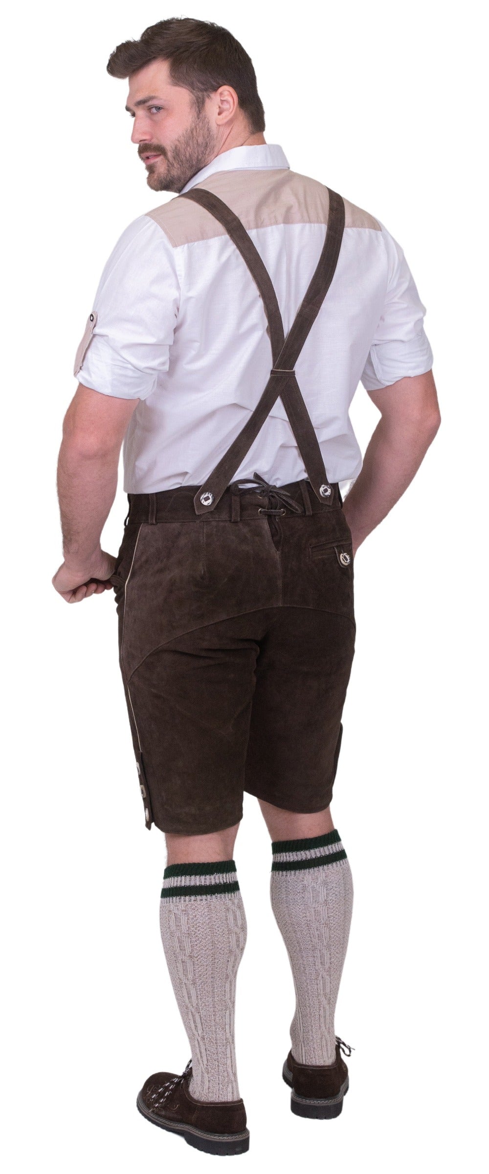 Man wearing men's brown leather lederhosen shorts for Oktoberfest Bavarian festival