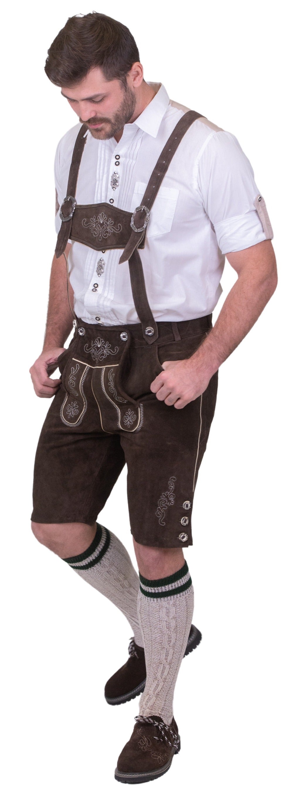 Man wearing men's brown leather lederhosen shorts for Oktoberfest Bavarian festival