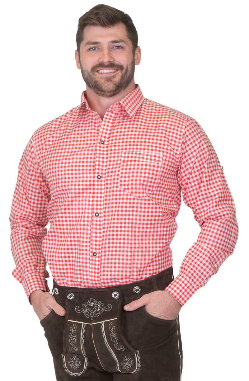 Dirndl Trachten Haus Button-Down Casual Lederhosen Shirt for Men - Red Shirt