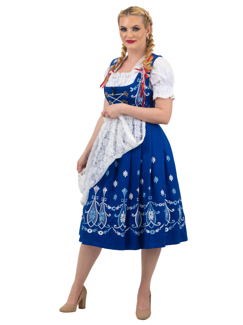 Regal Blue Long Dirndl Set: Womens Oktoberfest Dress, Complete with Trachten Crop Top Blouse and Lace Apron 4 Regal Blue Long Dirndl Set: Womens Oktoberfest Dress, Complete with Trachten Crop Top Blouse and Lace Apron 4