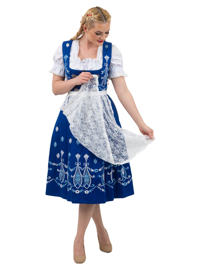 Regal Blue Long Dirndl Set: Women’s Oktoberfest Dress, Complete with Trachten Crop Top Blouse and Lace Apron 4 Regal Blue Long Dirndl Set: Women’s Oktoberfest Dress, Complete with Trachten Crop Top Blouse and Lace Apron 4