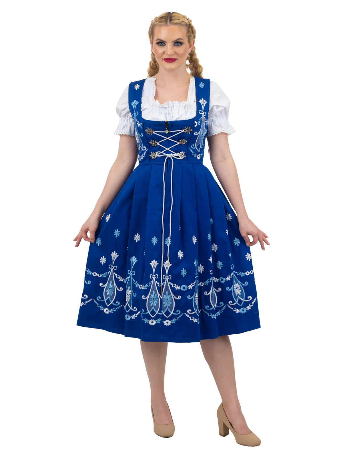 Regal Blue Long Dirndl Set: Women’s Oktoberfest Dress, Complete with Trachten Crop Top Blouse and Lace Apron 24