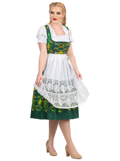 Bavarian Blossoms: Traditional Long Oktoberfest German Dirndl Dress Set, Green with Yellow and Green Embroidery