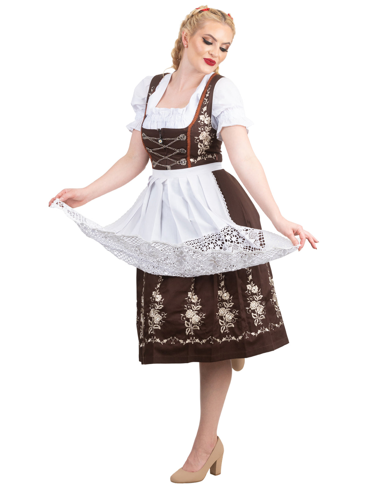 Bavarian Elegance in Brown: Traditional Long Brown German Dirndl Dress Set