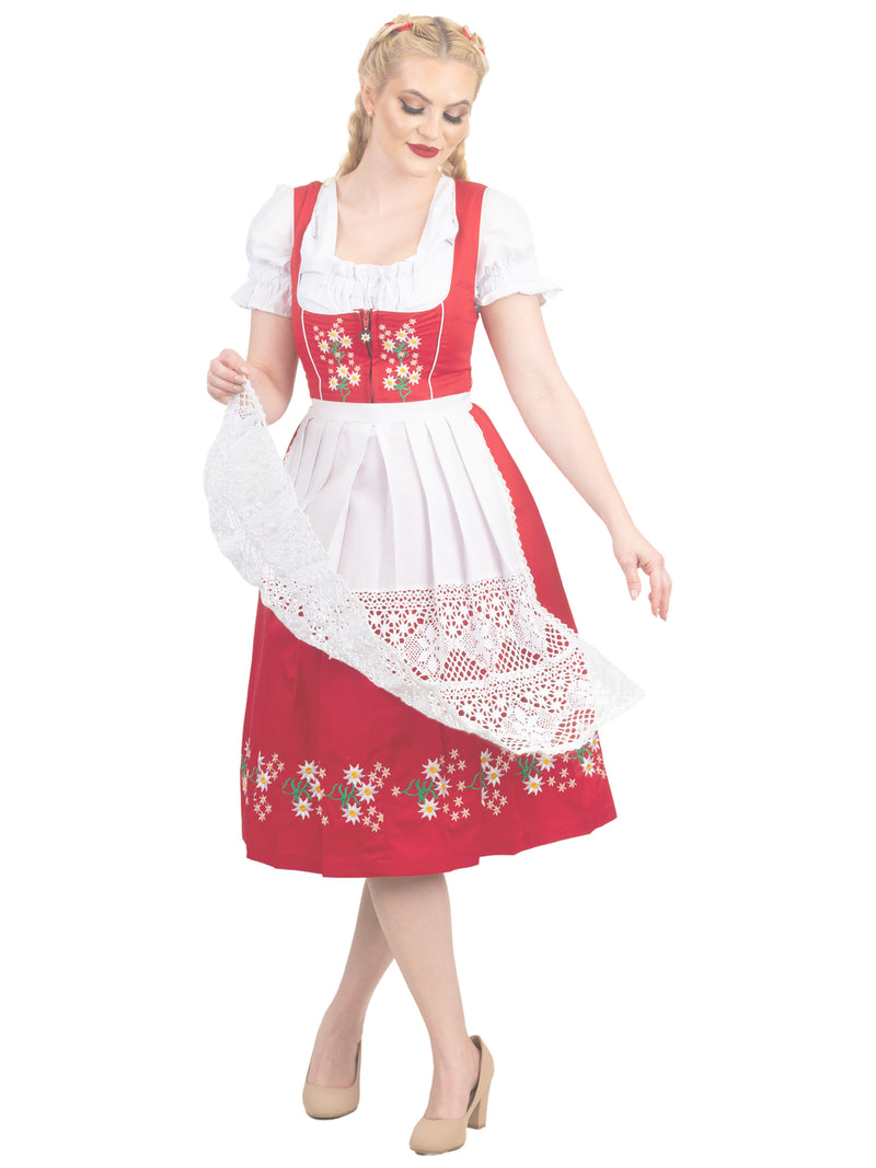 Traditional Red Oktoberfest Dress: 3 Piece Long Dirndl Set