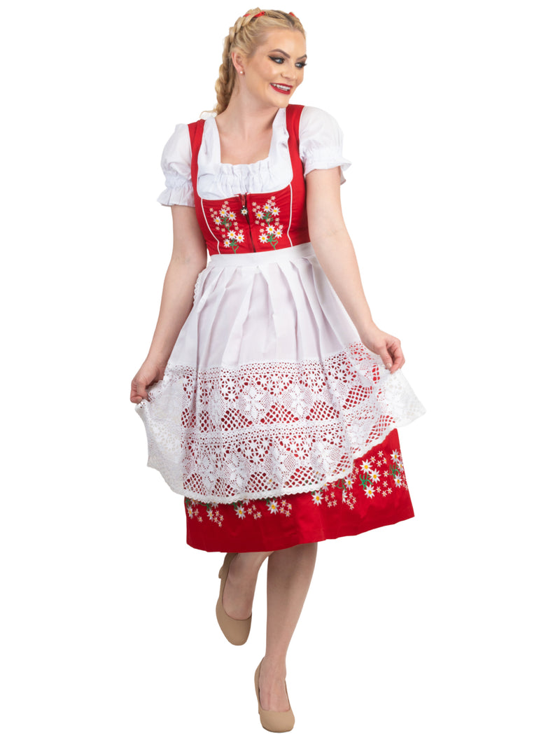 Traditional Red Oktoberfest Dress: 3 Piece Long Dirndl Set