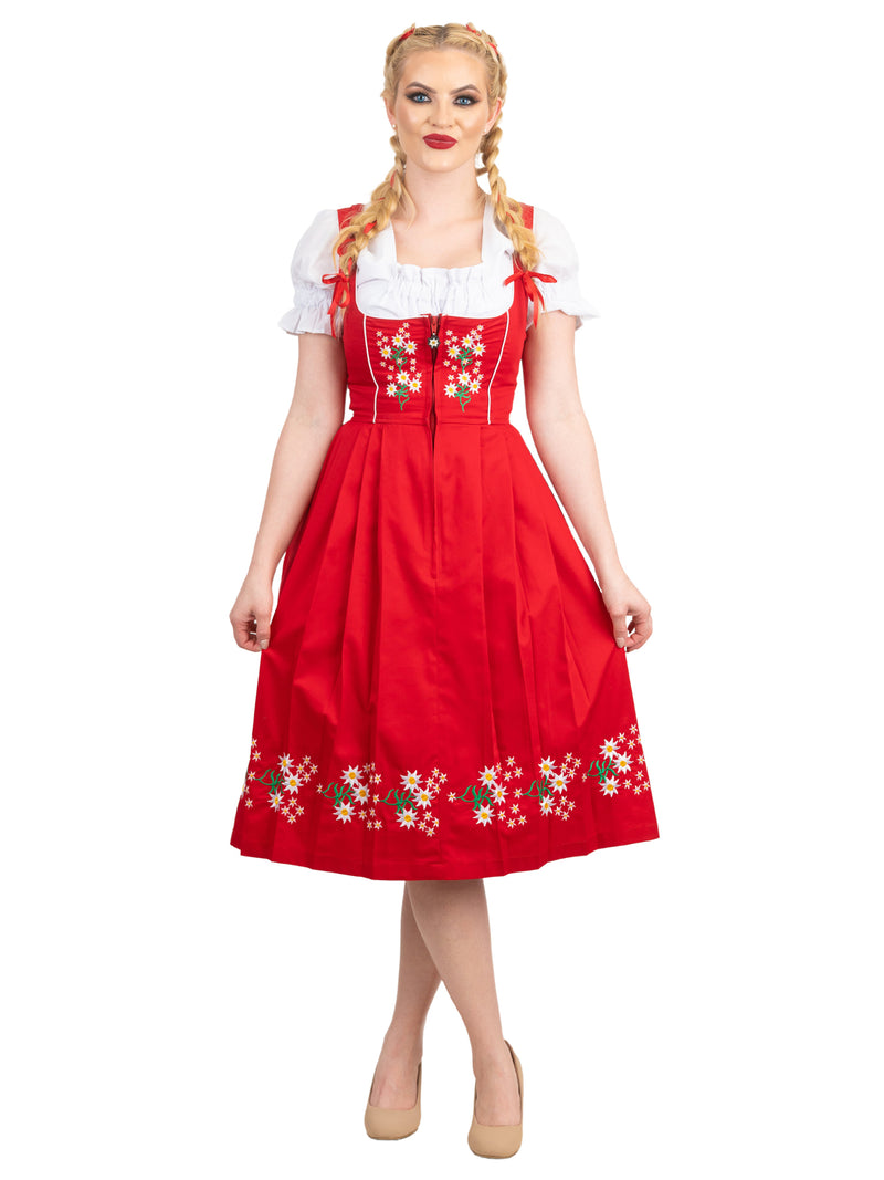 Traditional Red Oktoberfest Dress: 3 Piece Long Dirndl Set