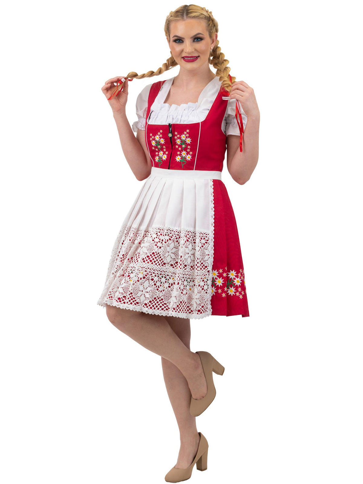 Traditional Red Oktoberfest Dress: 3 Piece Short German Dirndl Dress Set 14
