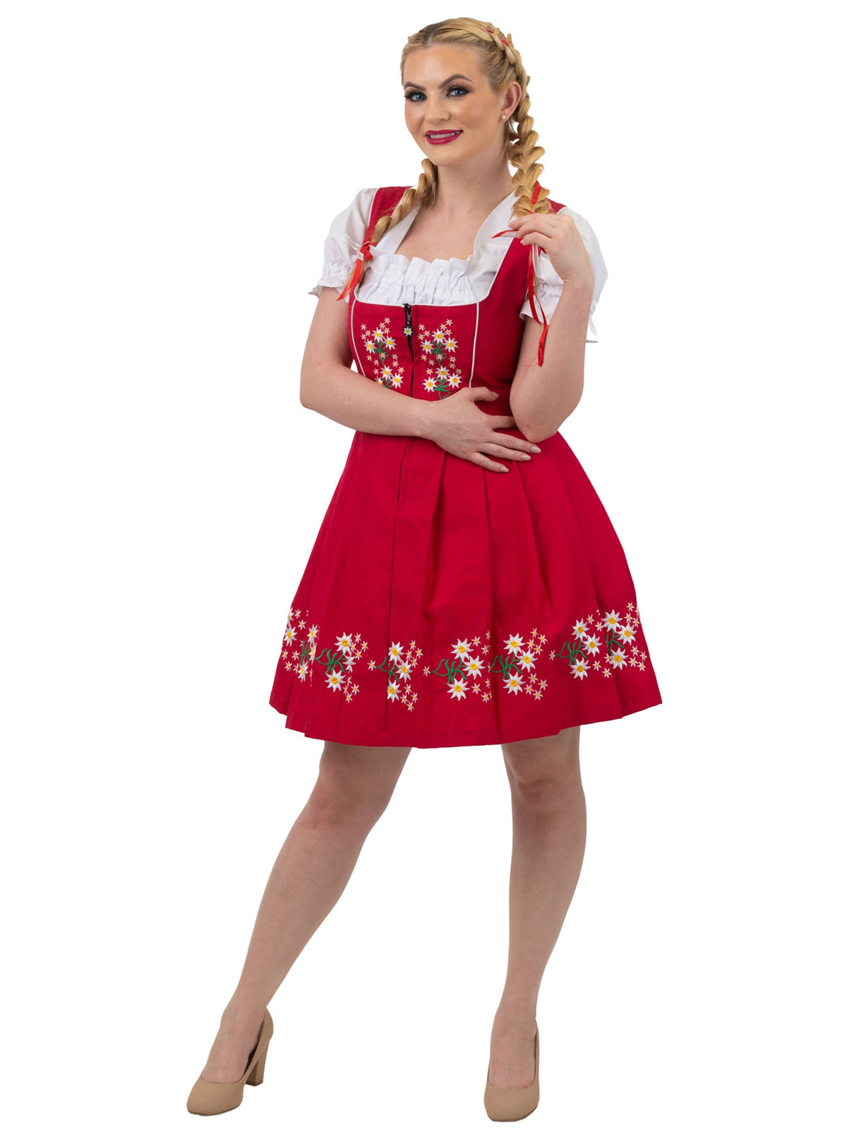 Traditional Red Oktoberfest Dress: 3 Piece Short German Dirndl Dress Set